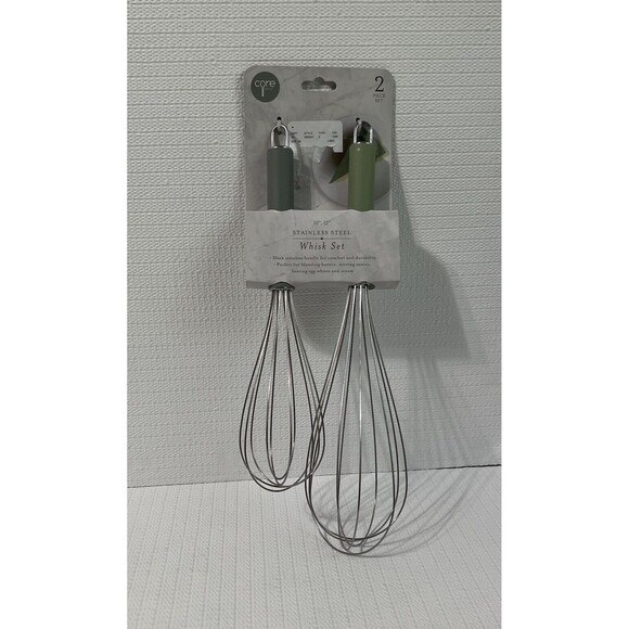 Core Kitchen Balloon Whisk Set of 2 Stainless Steel 10" and 12" Green Hangable - Picture 1 of 12